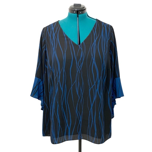 NWT Alfani Top Blouse Blue Print Bell Sleeves 1X NWT - Picture 1 of 12
